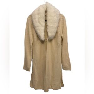 UMGEE White Chunky Knit Sweater Duster Coat Removable Faux Fur Collar Sz Medium
